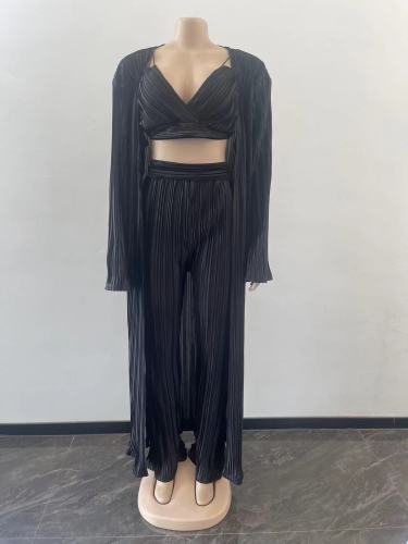 Blouse lace up pleated sexy three piece suit