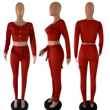 Fashion casual long sleeve pit strip two-piece set