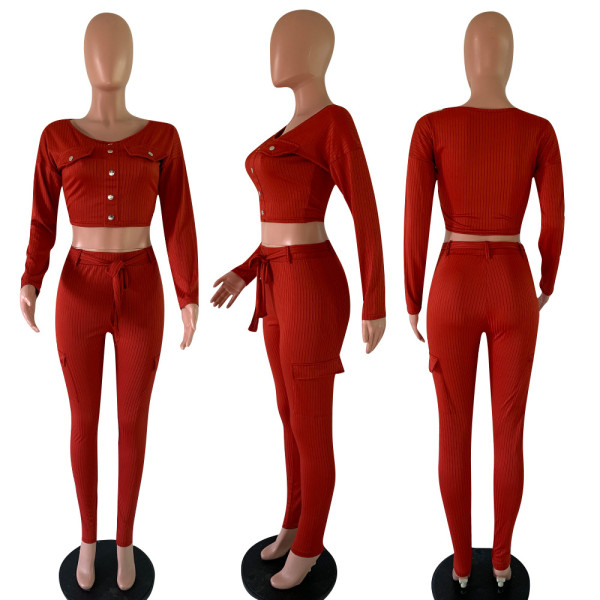 Fashion casual long sleeve pit strip two-piece set