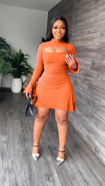 Casual Fashion Round Neck Long Sleeve Split Solid Dress