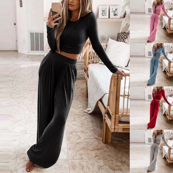 Solid knitted casual two-piece home suit