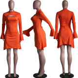 Casual Fashion Round Neck Long Sleeve Split Solid Dress