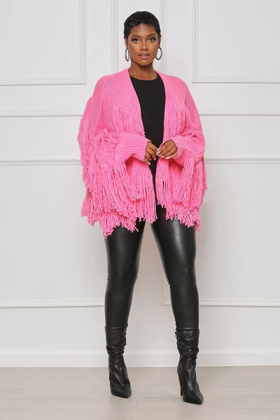 Women's solid color knitting tassel short cardigan coat