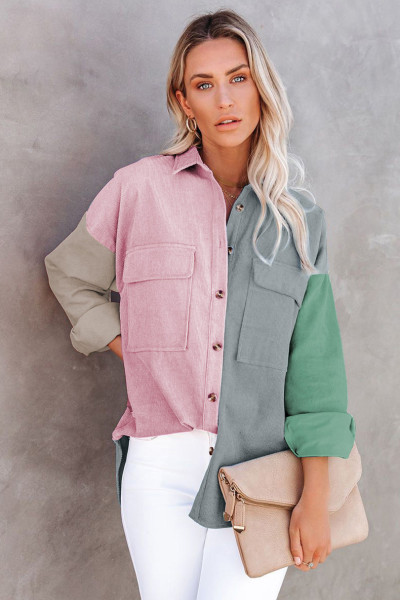 Color block splicing autumn shirt loose long sleeve single breasted shirt