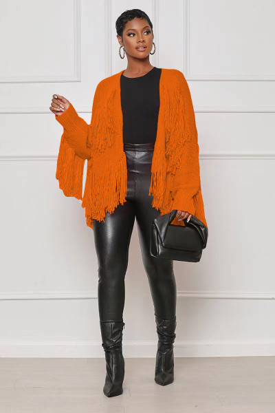 Women's solid color knitting tassel short cardigan coat