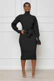 Women's solid color high neck knitted lace dress