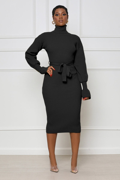 Women's solid color high neck knitted lace dress