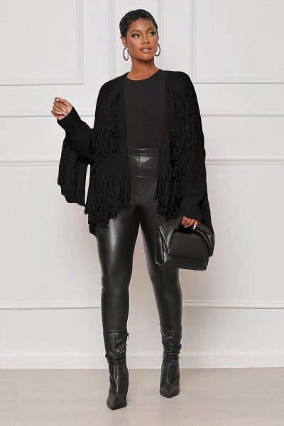 Women's solid color knitting tassel short cardigan coat