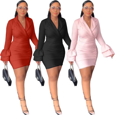 Casual ruffle cuffs suit collar fashion dress