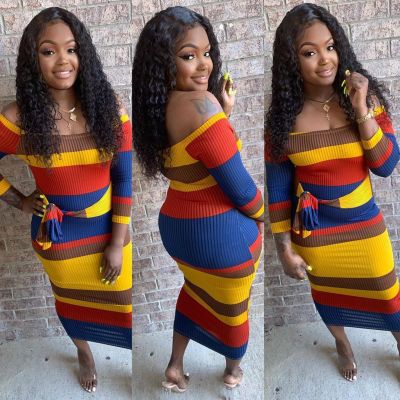 Women's fashionable colorful striped one neck long sleeve dress