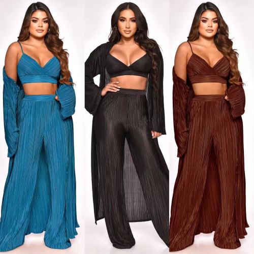 Blouse lace up pleated sexy three piece suit