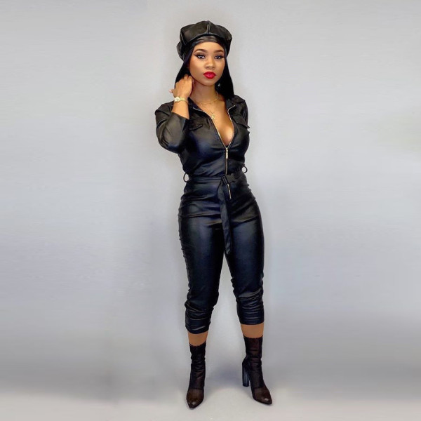 Autumn and winter long sleeved PU leather jumpsuit