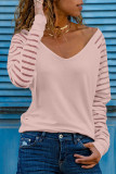 Hollow stripe long sleeve top large simple V-neck fashionable women's dress