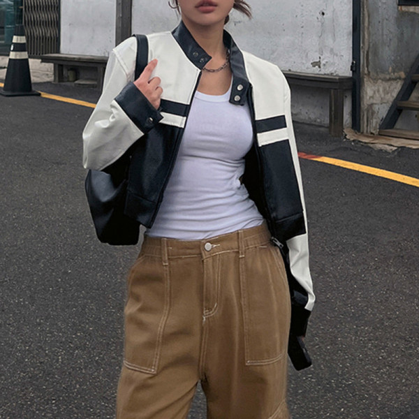 Leather color contrast stand collar zipper short coat