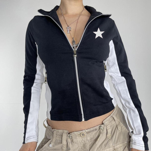 Fashion Brand Personality Five pointed Star Printed Zipper Coat