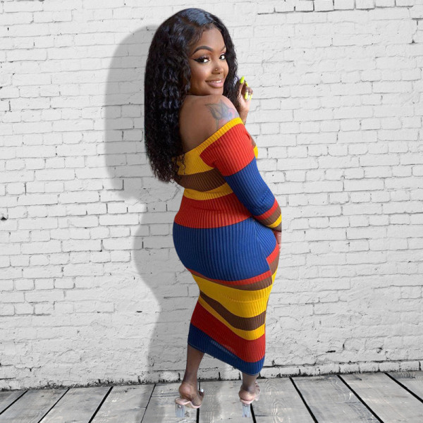 Women's fashionable colorful striped one neck long sleeve dress
