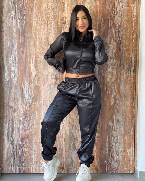 Solid zipper loose casual sports two-piece set