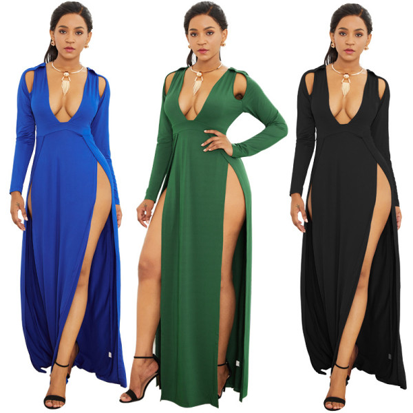 Sexy off shoulder deep V split hem dress evening dress