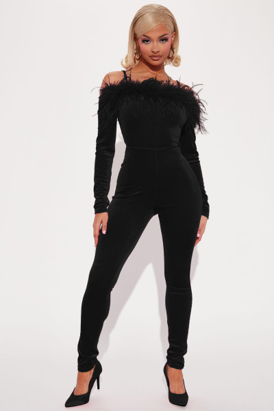Autumn Winter Velvet Feather Off Shoulder Slim Jumpsuit
