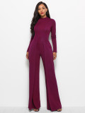 Sexy women's fashionable round neck long sleeve wide leg jumpsuit