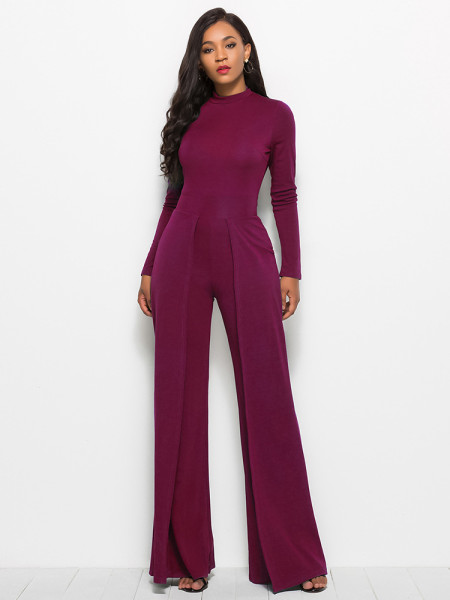 Sexy women's fashionable round neck long sleeve wide leg jumpsuit