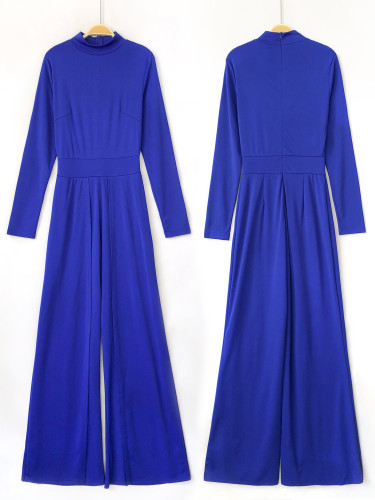 Sexy women's fashionable round neck long sleeve wide leg jumpsuit