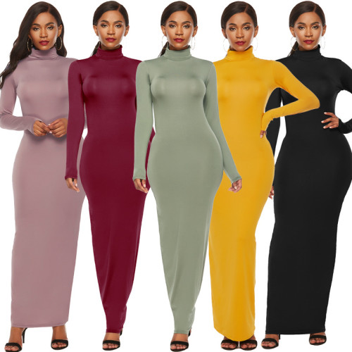 Fashion solid color long skirt long sleeve stretch fitting high neck dress