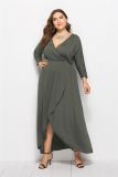 Sexy V-neck Bat Sleeve Big Swing Hip Wrap Solid Dress