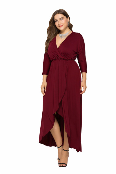 Sexy V-neck Bat Sleeve Big Swing Hip Wrap Solid Dress