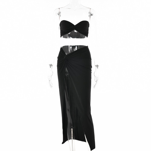 Sexy suspender bra suit fashion tight high waist split skirt two-piece set