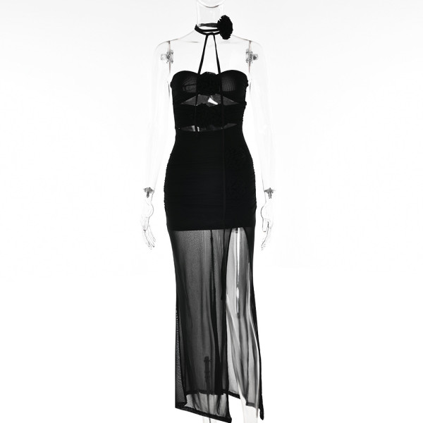 Sexy backless bodice dress Fashion split hollow perspective dress