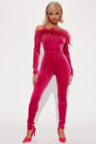 Autumn Winter Velvet Feather Off Shoulder Slim Jumpsuit