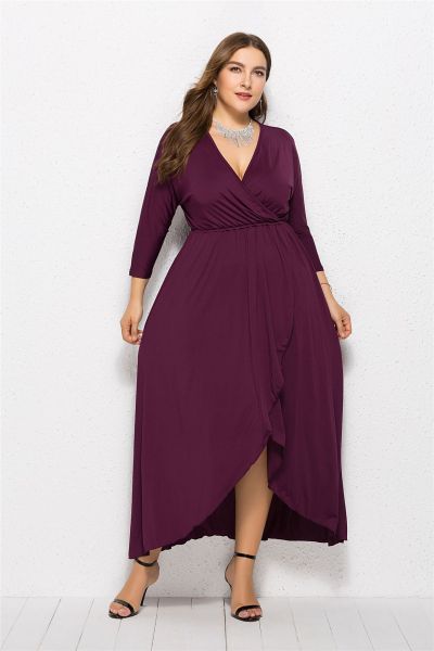 Sexy V-neck Bat Sleeve Big Swing Hip Wrap Solid Dress