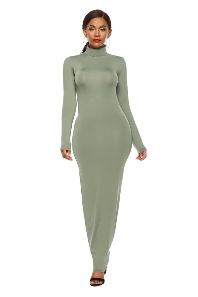 Fashion solid color long skirt long sleeve stretch fitting high neck dress