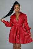 Autumn and winter commuting fashion PU pleated dress