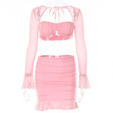 Sexy bra two-piece fashion perspective gauze mesh strap long sleeve short skirt suit