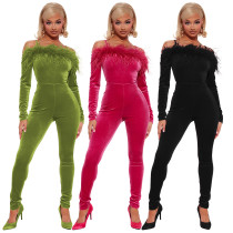 Autumn Winter Velvet Feather Off Shoulder Slim Jumpsuit