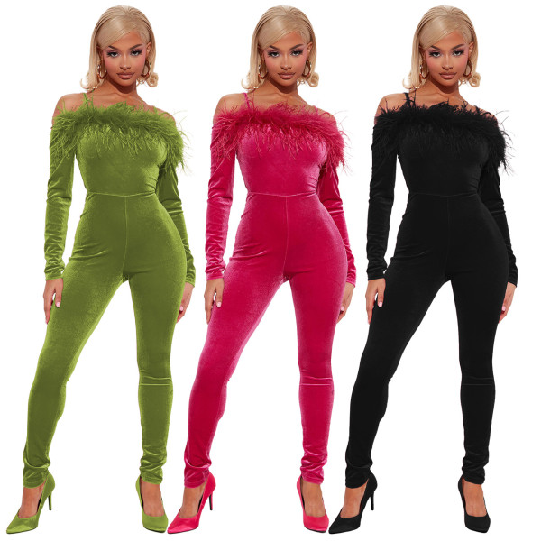 Autumn Winter Velvet Feather Off Shoulder Slim Jumpsuit