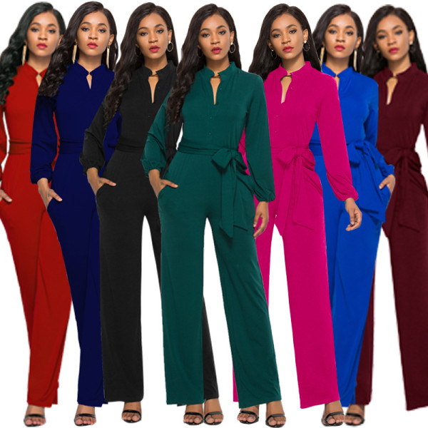 Sexy elastic women's fashionable solid wide leg jumpsuit
