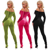 Autumn Winter Velvet Feather Off Shoulder Slim Jumpsuit