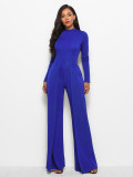 Sexy women's fashionable round neck long sleeve wide leg jumpsuit