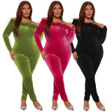 Autumn Winter Velvet Feather Off Shoulder Slim Jumpsuit