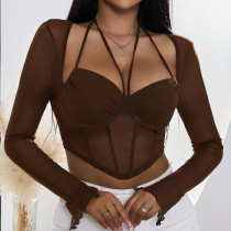 Neck hanging, navel exposed, pullover, trendy, sexy, chest wrapped, perspective, mesh long sleeves Neck hanging, navel exposed, pullover, trendy, sexy, chest wrapped, perspective, mesh long sleeves