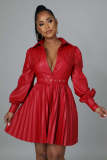 Autumn and winter commuting fashion PU pleated dress