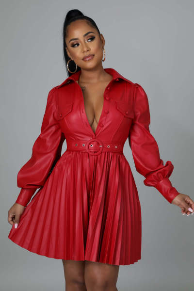 Autumn and winter commuting fashion PU pleated dress