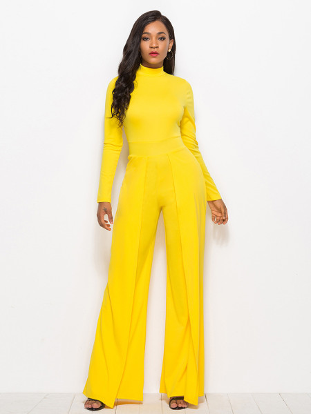 Sexy women's fashionable round neck long sleeve wide leg jumpsuit