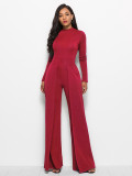 Sexy women's fashionable round neck long sleeve wide leg jumpsuit