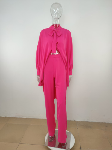 Long sleeve loose tie shirt straight trousers