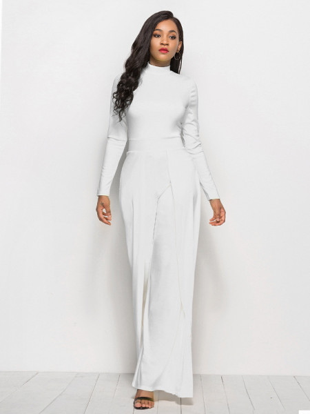 Sexy women's fashionable round neck long sleeve wide leg jumpsuit