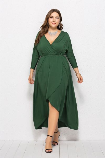 Sexy V-neck Bat Sleeve Big Swing Hip Wrap Solid Dress